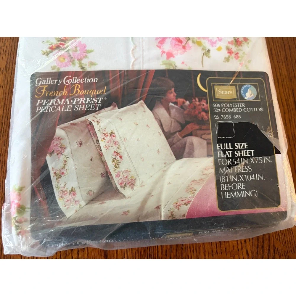 Vtg Sears Gallery Collection French Bouquet‎ Full Size Flat Sheet 2 Pillow Cases